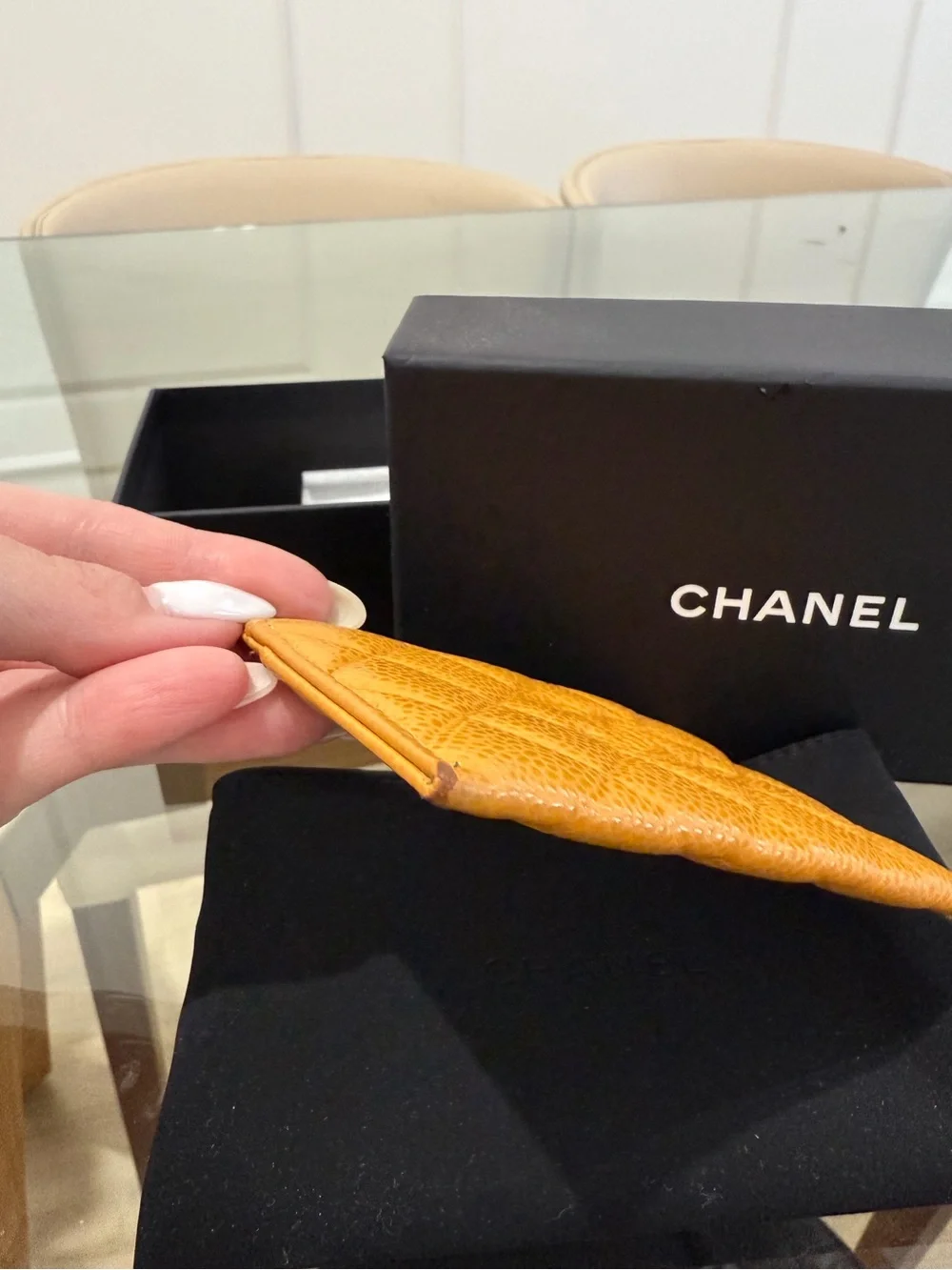 CHANEL Quilted Caviar Leather Card Holder in Mustard
